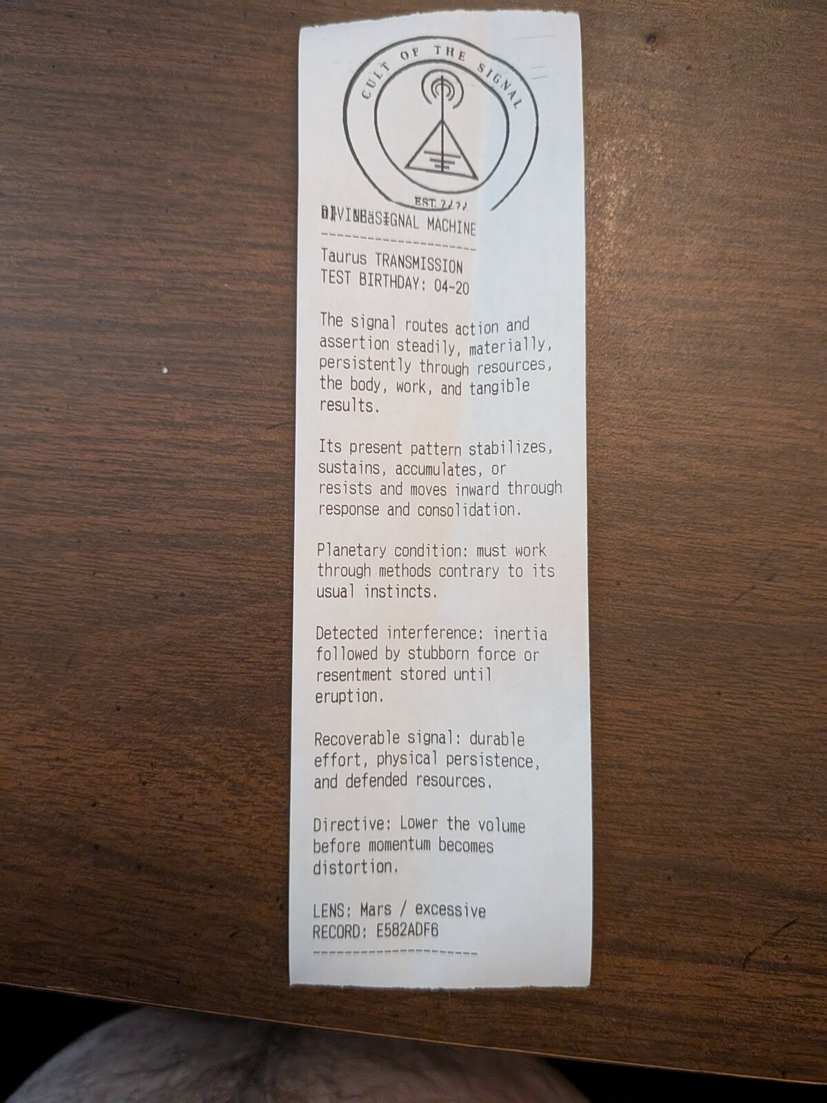 A completed thermal horoscope from the divination kiosk